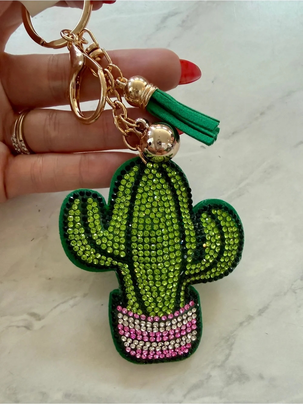Green Cactus Crystal Tassel Keychain - Women's Accessories